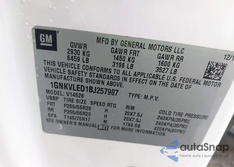 2011 Chevrolet Traverse Ltz from USA, damaged, VIN 1GNKVLED1BJ257907